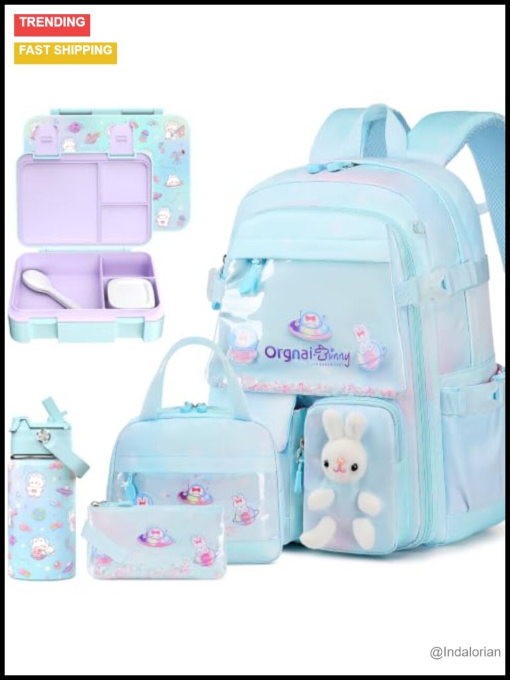 Girls Backpack Set with Bento Box, Insulated Water Bottle, Kawaii Bunny School